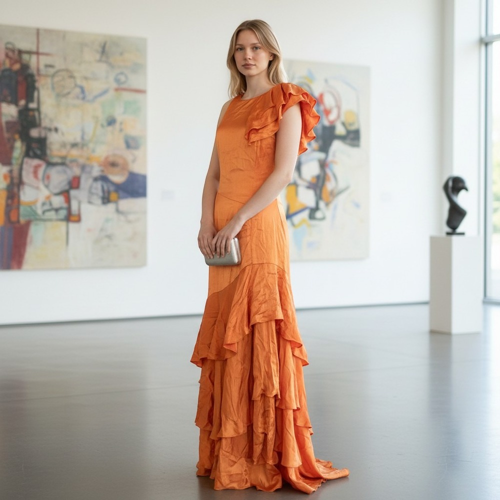 Secret Mission Orange Satin Tiered Ruffle Maxi Dress Formal Gown Open Back Small